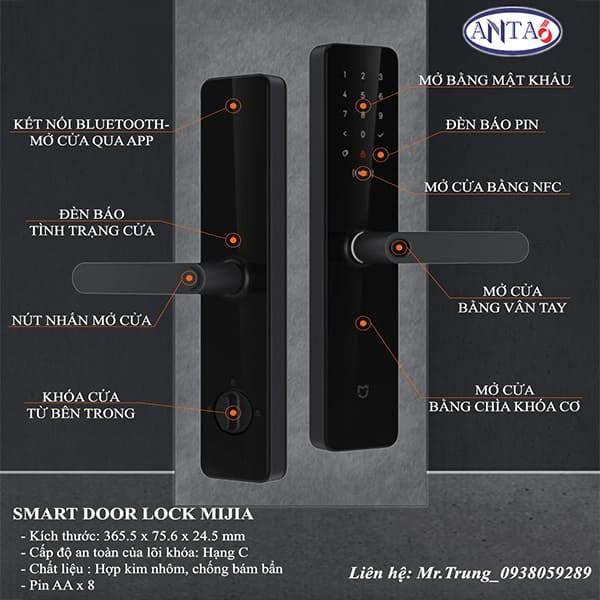 Khóa cửa vân tay thông minh Smart Door Lock Mijia - Mở cửa NFC, Bluetooth, mật khẩu, mật khẩu tạm thời, chìa khóa, chuông báo động từ xa, chống phá khóa, theo dõi từ xa với ứng dụng Mi Home, cổng sạc Type-C, 8 pin AA