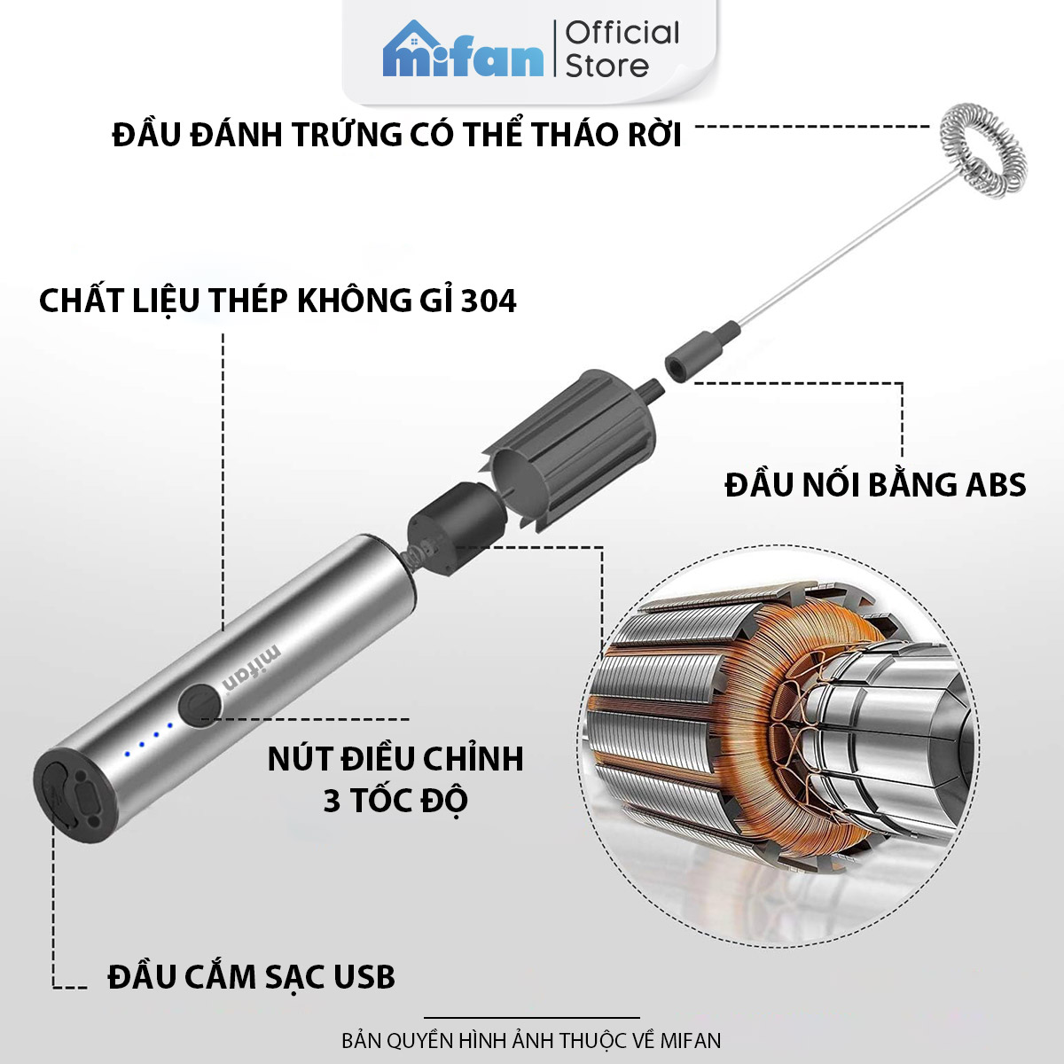 Máy Đánh Bọt Cà Phê Microfoam Mifan MF1501G - 3 Đầu Đa Năng, Thép không gỉ, Đế sạc USB tiện lợi - Hàng Chính Hãng