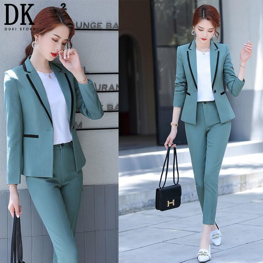 Bộ vest nữ cổ viền ve màu cốm thanh lịch, trẻ trung - DUKI STORE