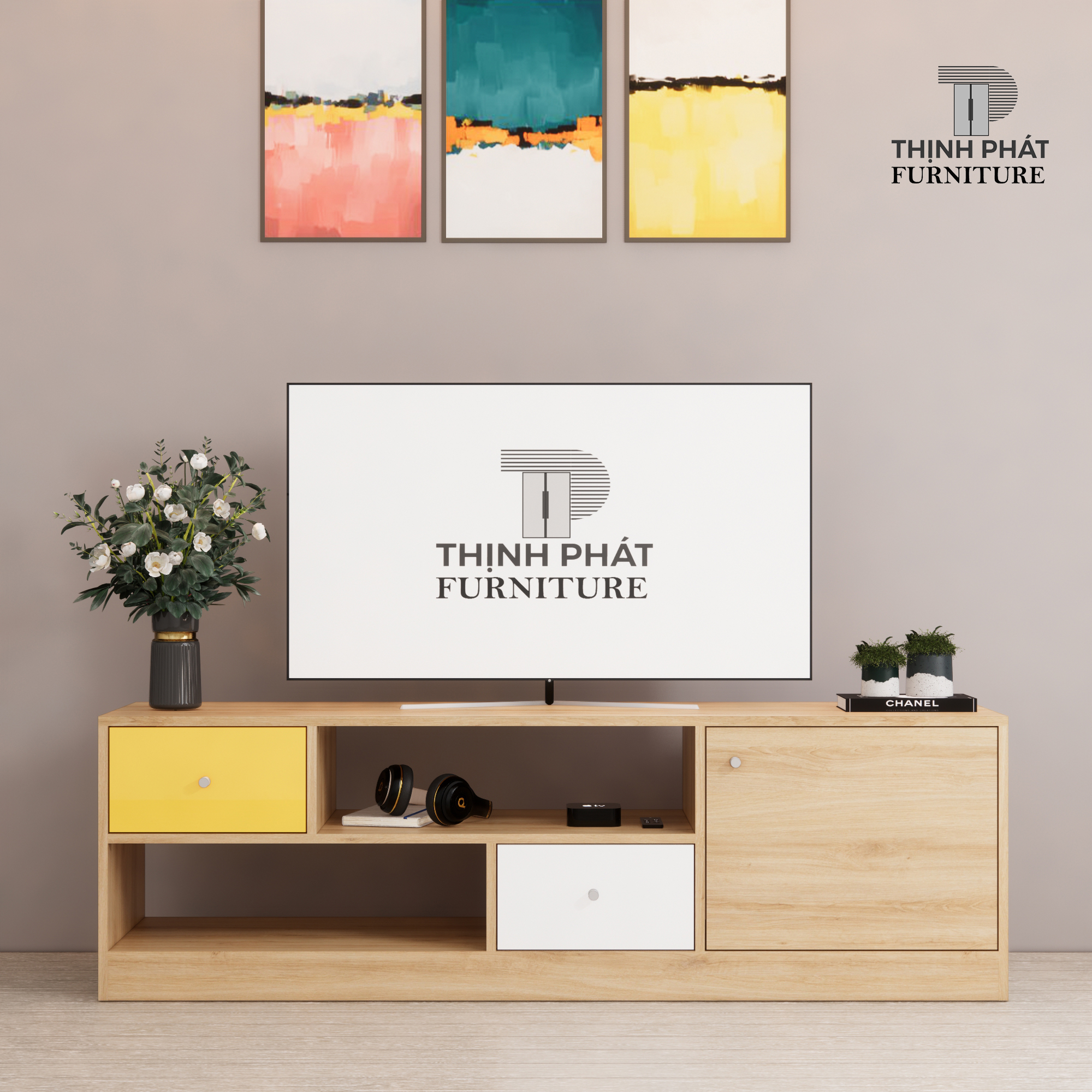 KỆ TIVI – KỆ TV THIẾT KẾ HIỆN ĐẠI DÀI 1M4 – THỊNH PHÁT FURNITURE KTV-TP01 (140cm x 50cm x 40cm)