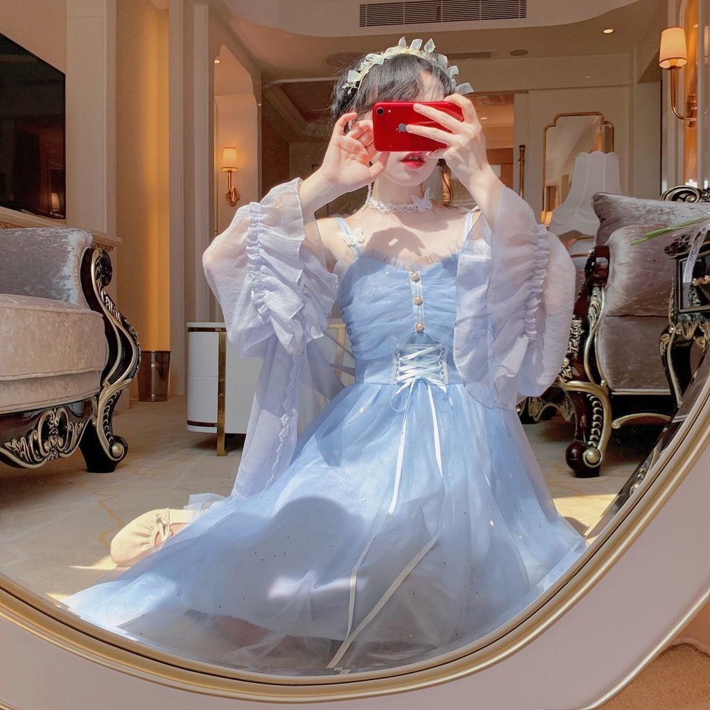 Váy hai dây tiểu thư màu xanh lấp lánh xinh xắn