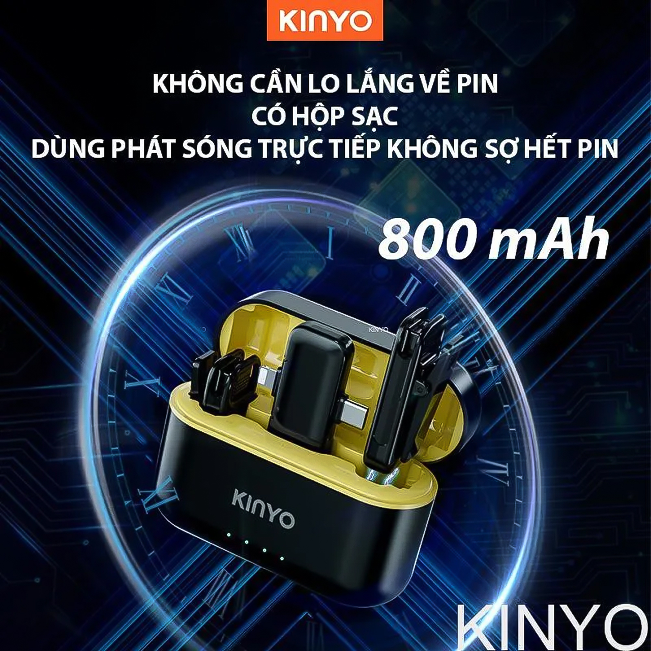 Micro thu âm không dây cài áo Vinetteam Kinyo M36 kèm dock sạc lọc âm chống ồn cao cấp có 2 đầu dành cho Iphone và Android - hàng chính hãng