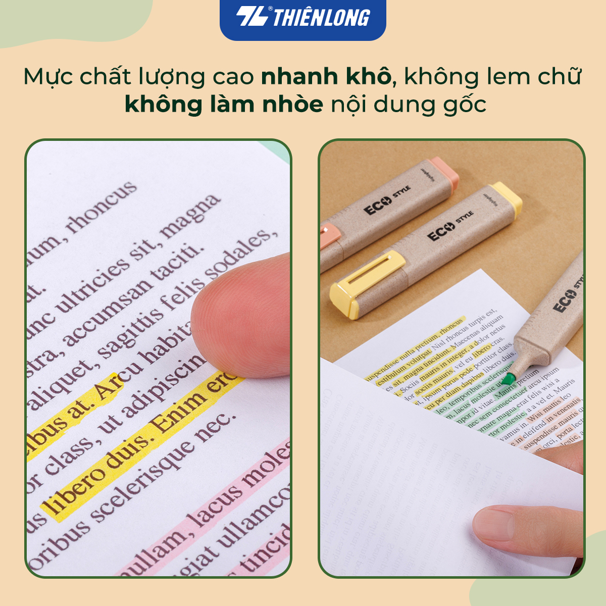 Combo 12 bút dạ quang màu pastel - Eco Style Highlighter Thiên Long HL-015/ECO - Không mất nét khi photocopy
