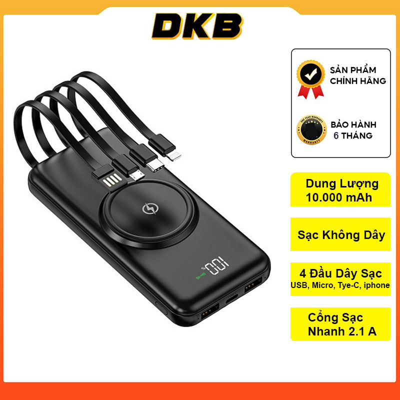 Pin Sạc Dự Phòng DKB 10000mAh YM-368 - Hỗ Trợ Sạc Nhanh - Tích Hợp Sạc Không Dây - Kèm 4 Đầu Dây Sạc - Hàng Chính Hãng DKB