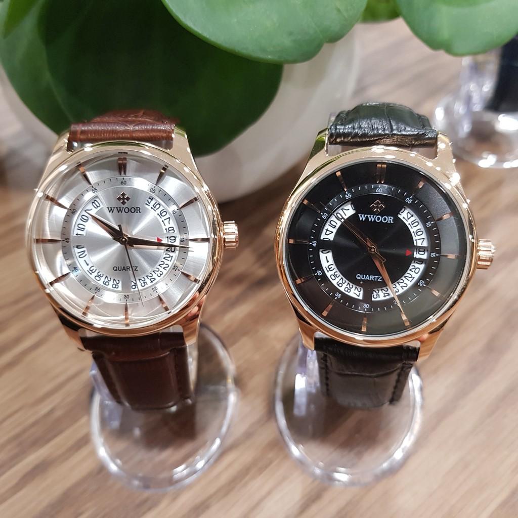 Đồng hồ nam Wwoor dây da thời trang có lịch chính hãng Tony watch 68