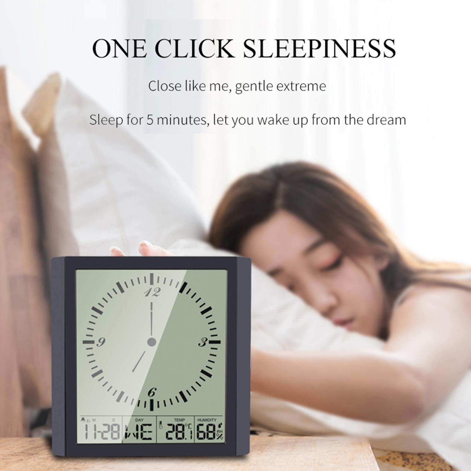 Đồng hồ hình vuông hiện đại và đơn giản, màn hình lớn, độ nét cao, góc nhìn rộng, 150 độ. Hiển thị thời gian, lịch, tuần, nhiệt độ và độ ẩm.