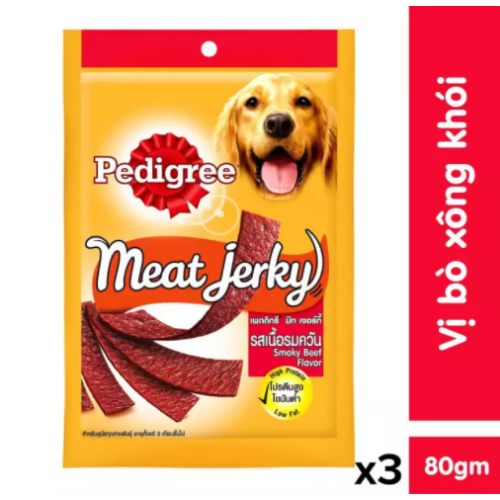 Bộ 3 thức ăn vặt cho chó Pedigree Meat Jerky vị bò xông khói 80g