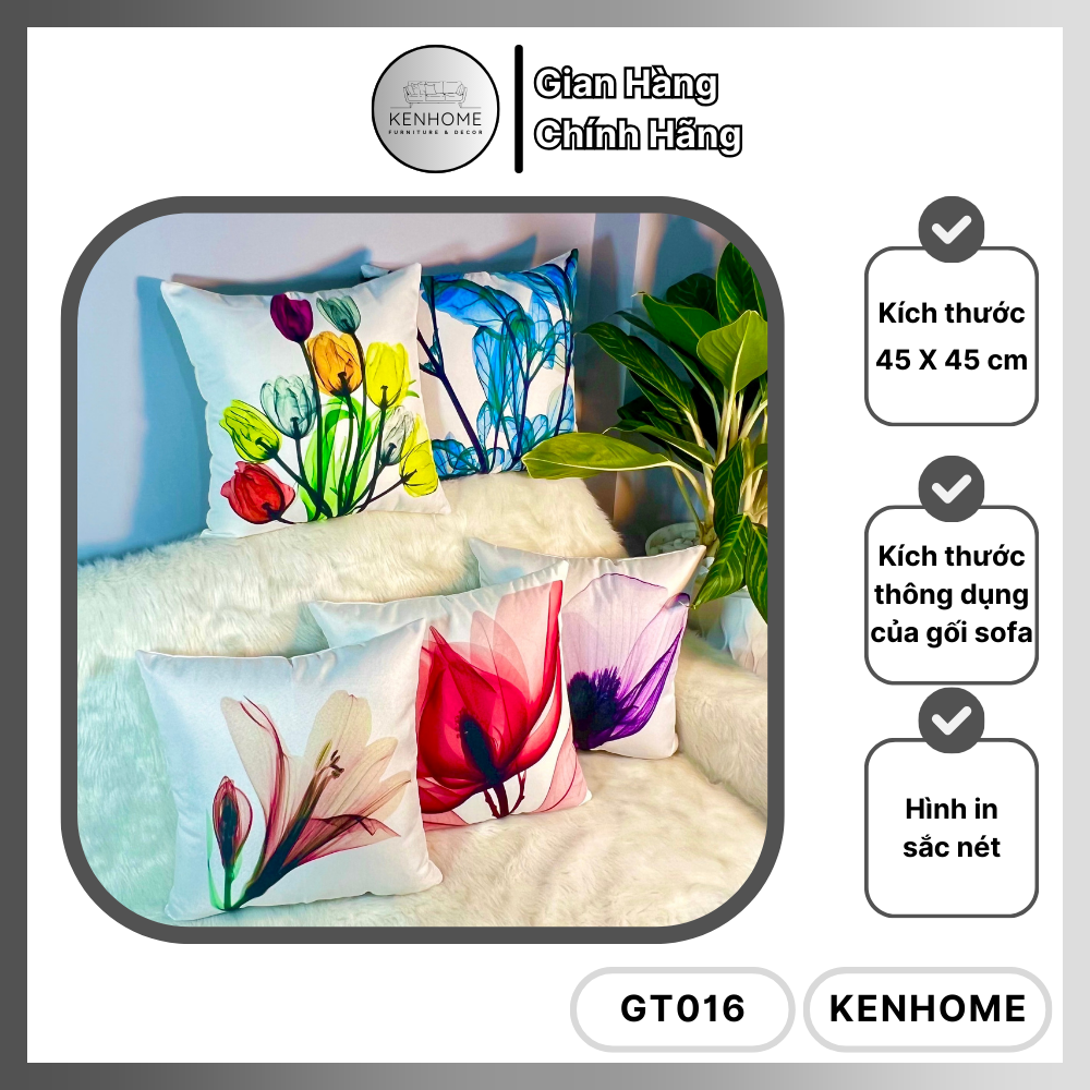 Gối Sofa Họa Tiết Hoa Tulip 4 Màu - Gối Tựa Lưng Sofa Cho Phòng Khách, Phong Cách Đơn Giản - Vải Bố Cao Cấp - Kích Thước 45x45cm