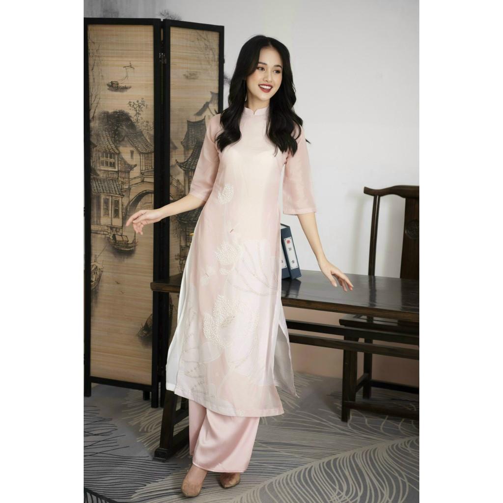 Set áo dài tơ óng kết hạt nổi
