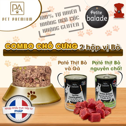 (Combo 2 hộp vị Bò) Pate cho chó Petite Balade 400g/hộp (Pate Bò nguyên chất, Pate Bò &amp; Gà) nhập khẩu từ Pháp