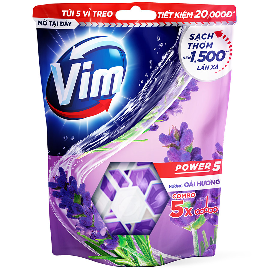 Combo 5 Bộ Viên tẩy bồn cầu Vim Power 5 Hương Lavender 275G (5x55G)