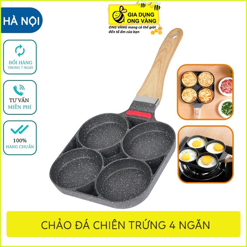 Chảo đá chống dính chia 4 ngăn chiên trứng làm bánh sử dụng được cho bếp từ tay cầm bằng gỗ chống cháy, chống bỏng