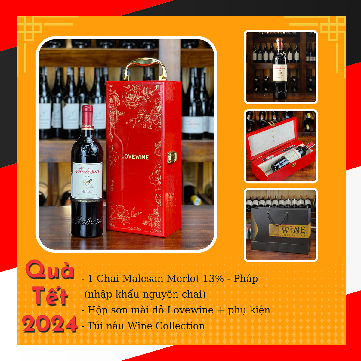 Hộp sơn mài Lovewine 1 chai rượu vang Pháp Malesan Merlot