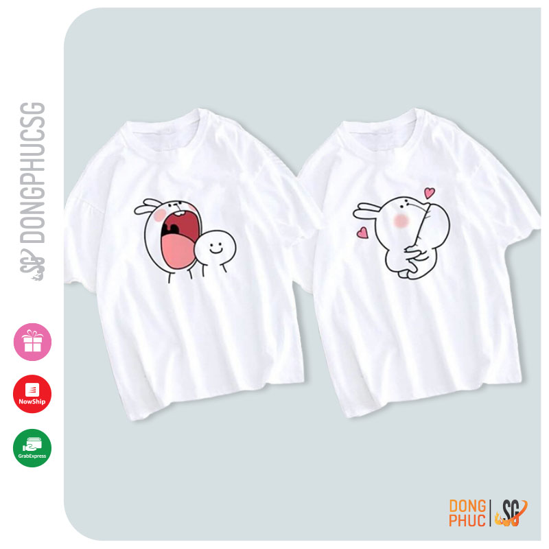 Áo cặp nam nữ dễ thương thun cotton mềm mịn cổ tròn tay ngắn màu trắng form unisex AC111T | SG