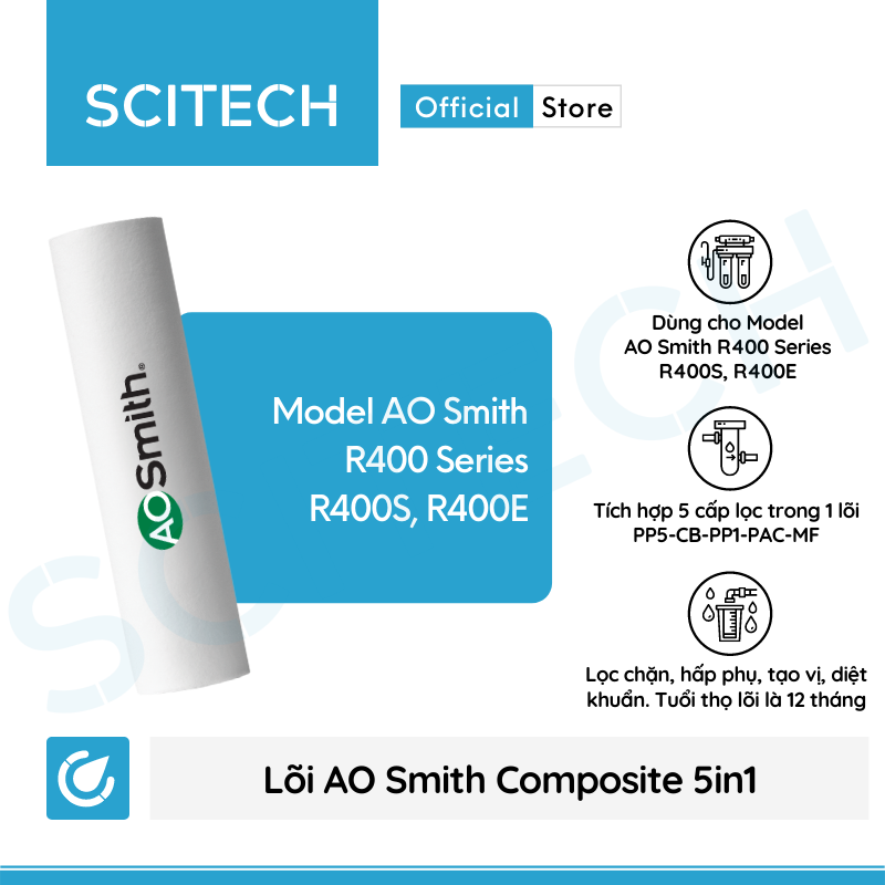 Bộ lõi máy lọc nước AO Smith R400S/R400E kèm co nối Scitech cho lõi nối nhanh - Hàng chính hãng