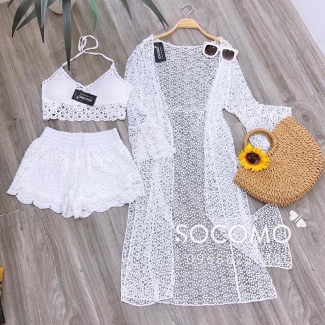 Set ren đi biển 3 món -áo bra vây cá- quần sóc ren- choàng ren
