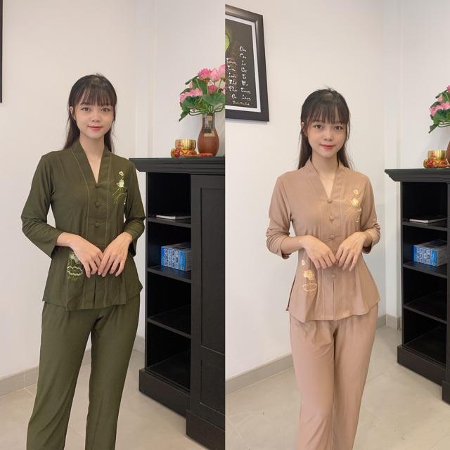 Đồ đi chùa thun cho tuổi trung niên thêu sen_ bigsize 70kg