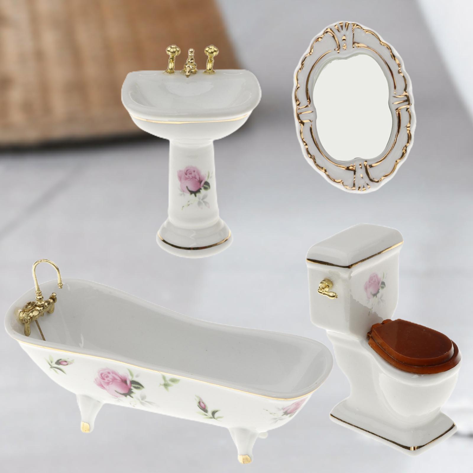 Bathroom Decor Floral Toilet Bathtub Set Dollhouse Miniature Accs 1:12 #5
