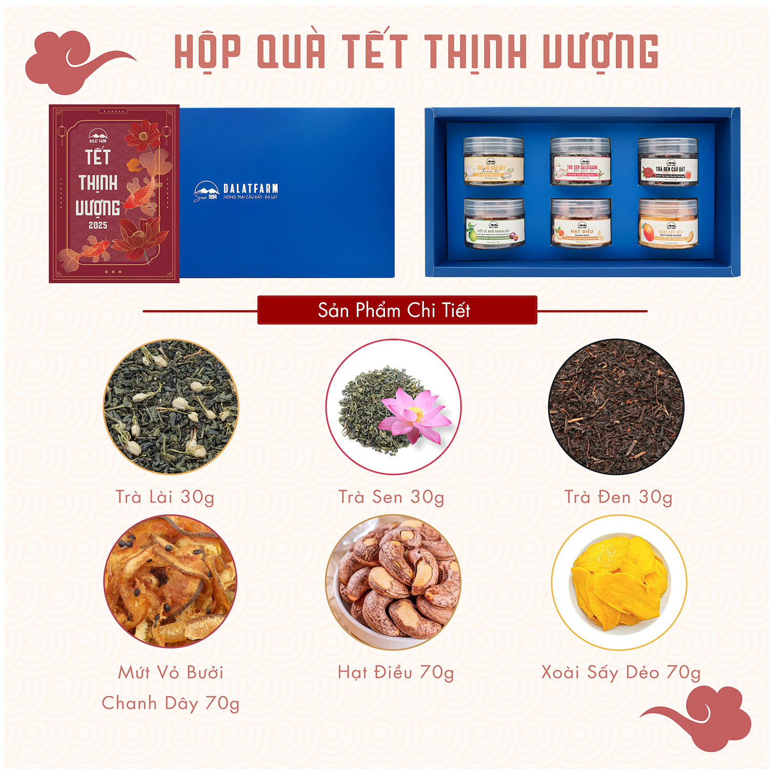 Hộp Quà Tết Thịnh Vượng (Trà - Hạt - Mứt)