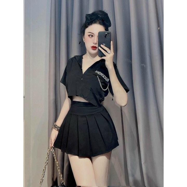 ÁO SƠ MI CROPTOP DÂY XÍCH TAY NGẮN CỰC XINH CHO CÁC NÀNG - Black