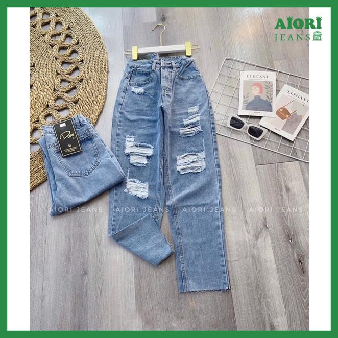 Quần Baggy Jean Nữ Lưng Cao Rách Kiểu Lai Cuốn Vải Bò Ulzzang Phong Cách Thời Trang - Mã 75