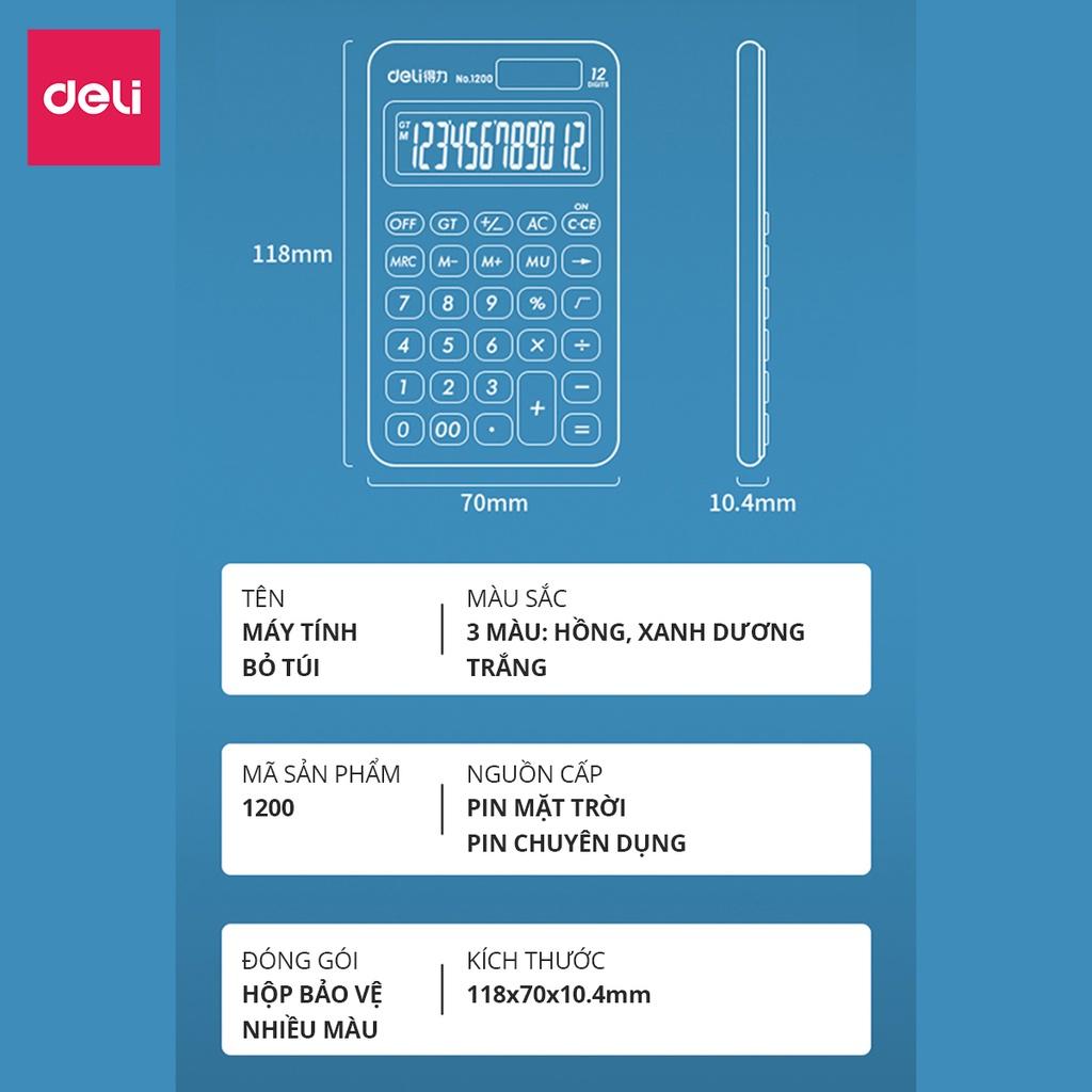 Máy tính cầm tay bỏ túi 12 số để bàn Deli có thể dùng năng lượng mặt trời và pin - Phù hợp văn phòng và học sinh - Có bảo hành - Nhiều màu - 1200
