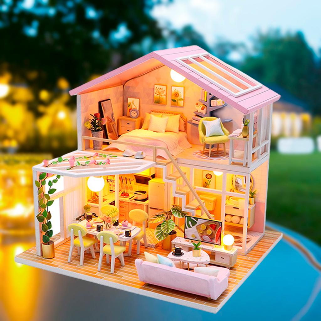 DIY Dollhouse Miniature Kit with Furniture Kits 3D Wooden Miniature House - 2 Stories Miniature Dolls House Cottage Building Model