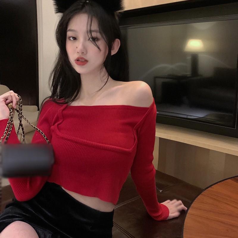 Áo Dệt Kim Tay Dài Cổ Kiểu Vuông Màu Trơn Thanh Lịch