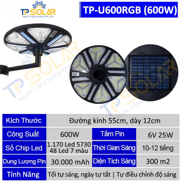 Đèn Sân Vườn UFO Năng Lượng Mặt Trời TP Solar TP-U600RGB Công Suất 600W Chiếu Sáng 7 Màu, Chống Nước IP67