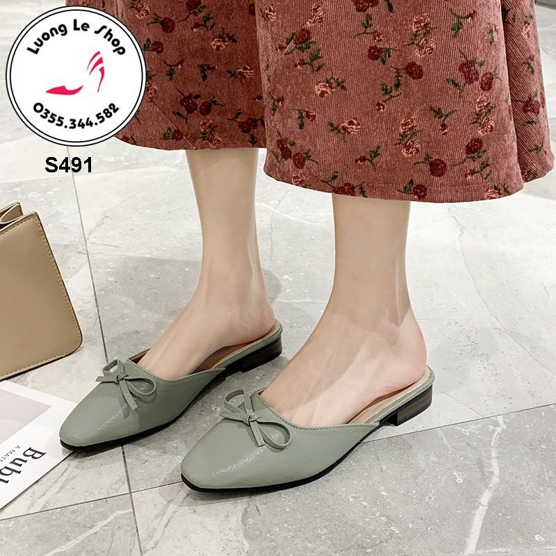 Dép mules đế 2cm da lì đính nơ 3 màu đen kem xanh ms S491