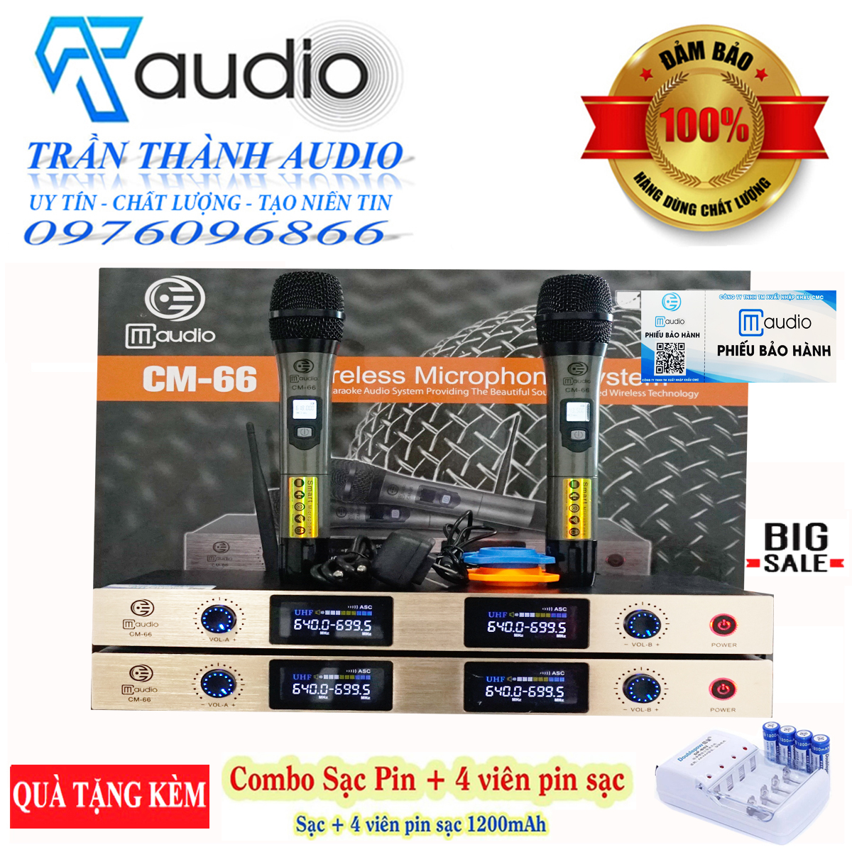 Micro không dây CM-66 hàng chính hãng CMAUDIO nhập khẩu 2023 tặng chống lăn và bộ sạc và 4 quả pin sạc 1200mah