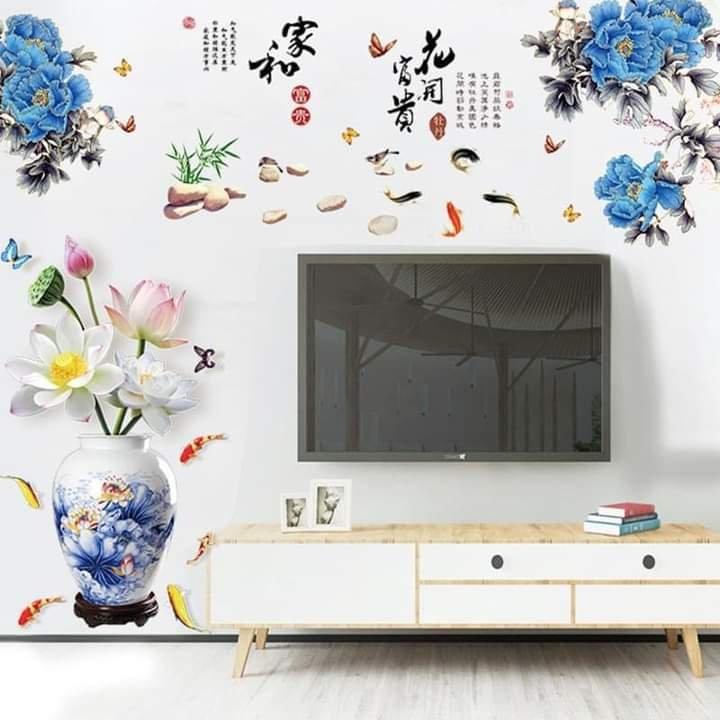 Decal dán tường Bình hoa sen và mẫu đơn xanh - HP391