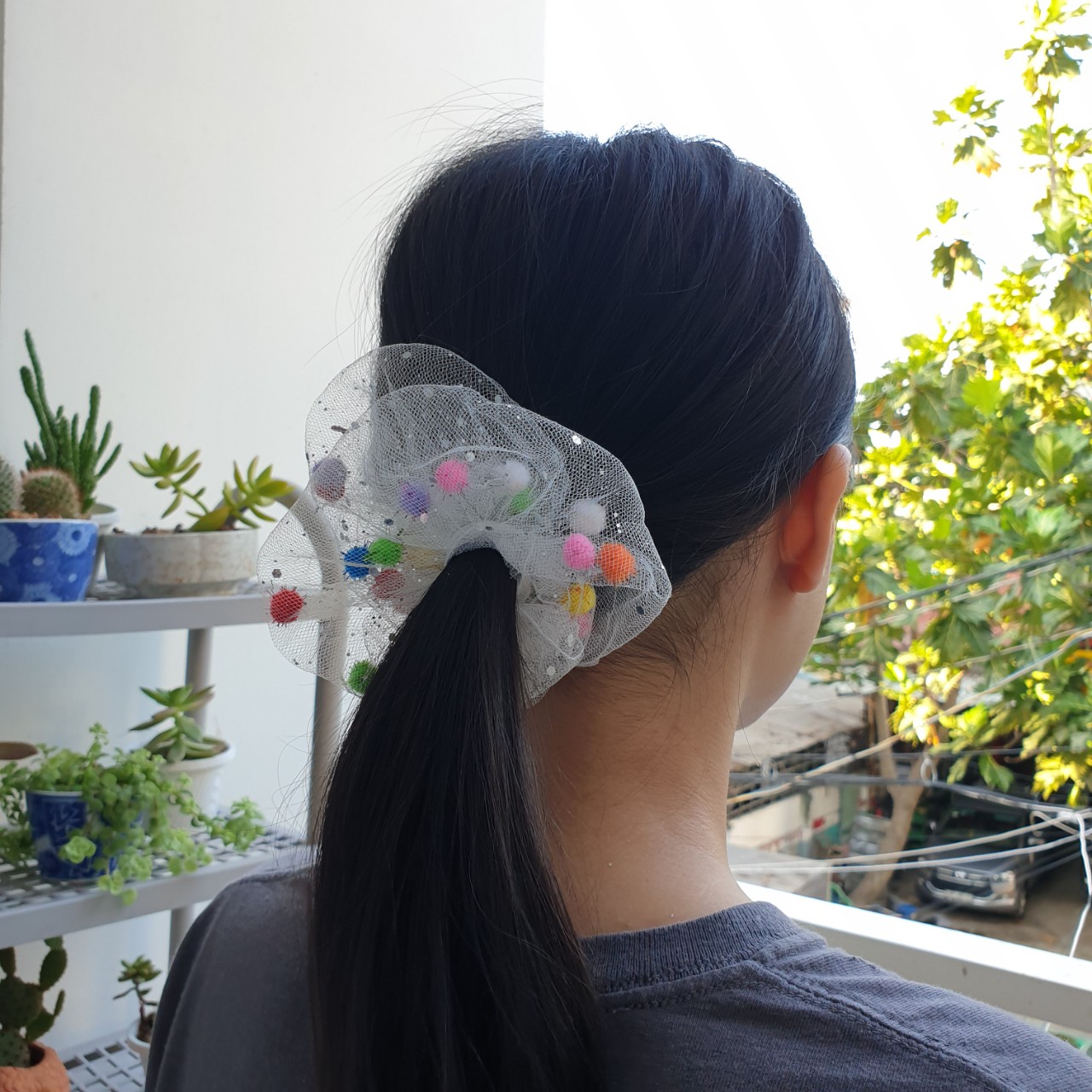 CỘT TÓC SCRUNCHIES LƯỚI KIM TUYẾN THÊM HẠT CẦU VỒNG LẤP LÁNH SIÊU XINH CJ6