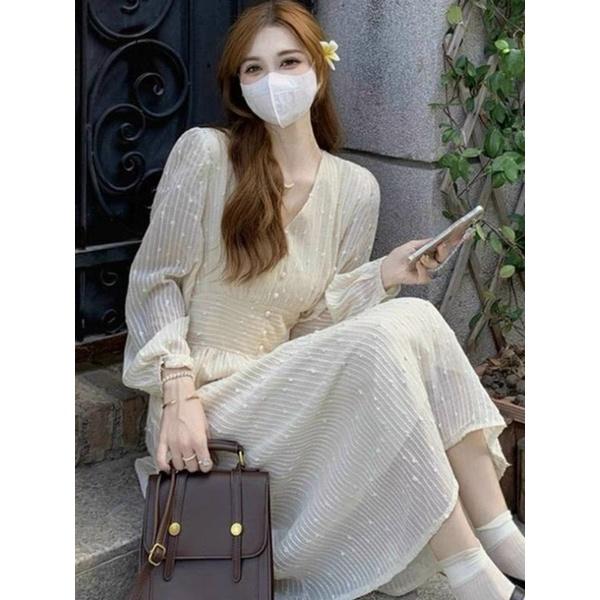 ĐẦM NỮ CỔ CHỮ V PHỐI NÚT CHẤT REN 2 LỚP