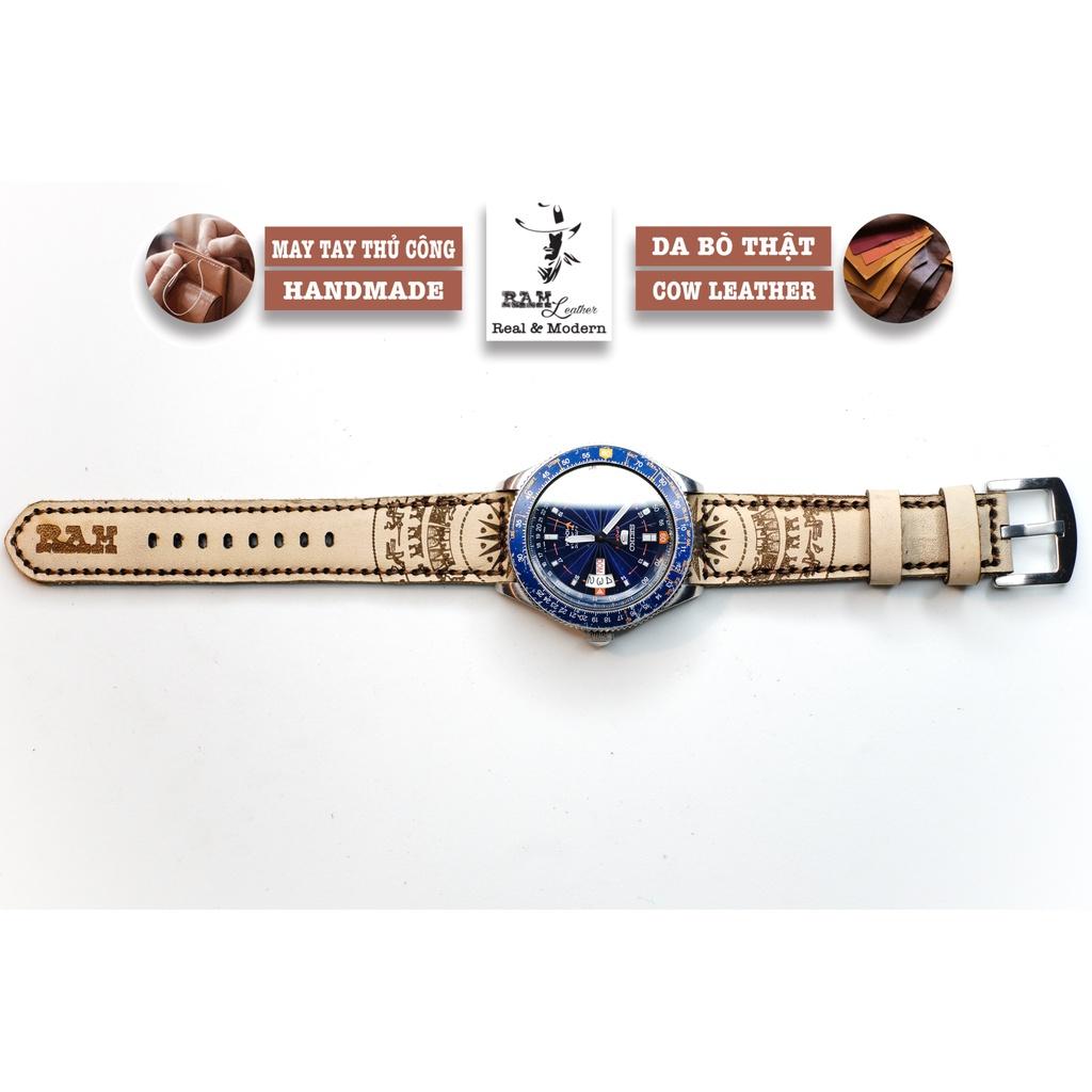 Dây đồng hồ trống đồng da bò thảo mộc vegtan trắng tinh khôi handmade bền chắc - chính hãng RAM Leather