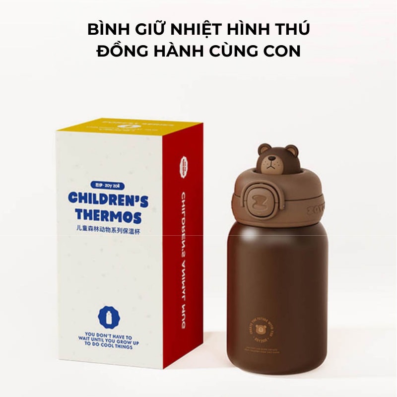 Bình nước giữ nhiệt cho bé Zoyzoii E8 có túi đựng Thermos cup, chất liệu inox 316 cao cấp, nắp chống rò nước an toàn, hình thú đáng yêu - Hàng chính hãng