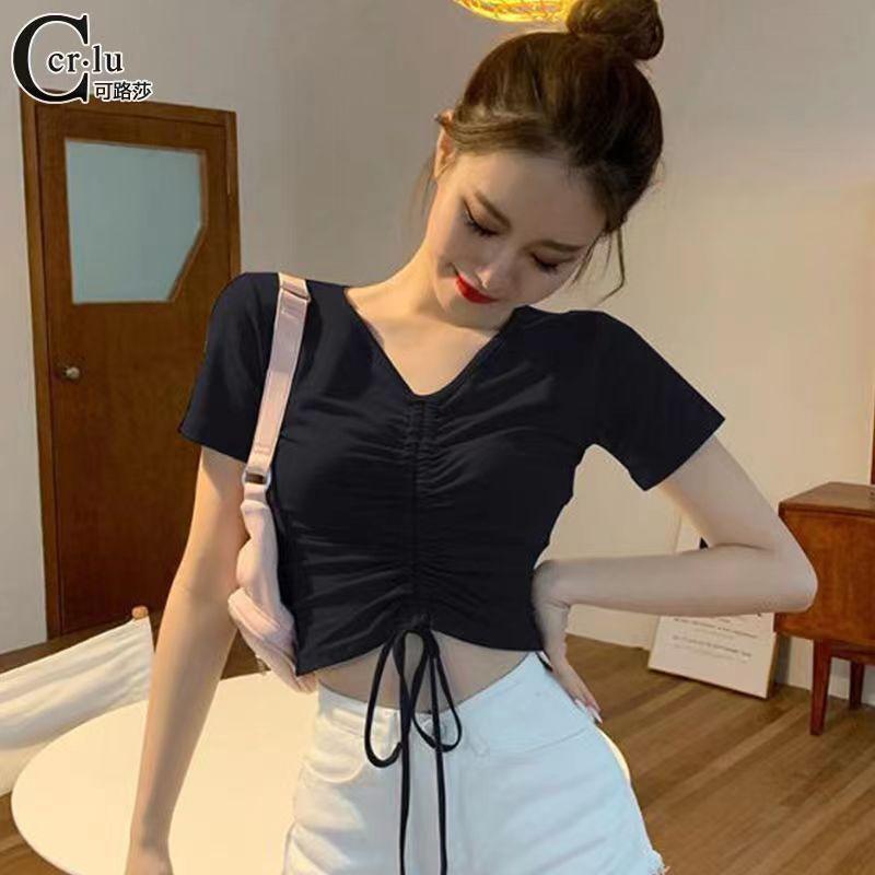 Áo Croptop Rút Dây Tay ngắn chất thun gân co giãn rút ngực buộc nơ cá tính ôm sexy cổ tim màu đen trắng