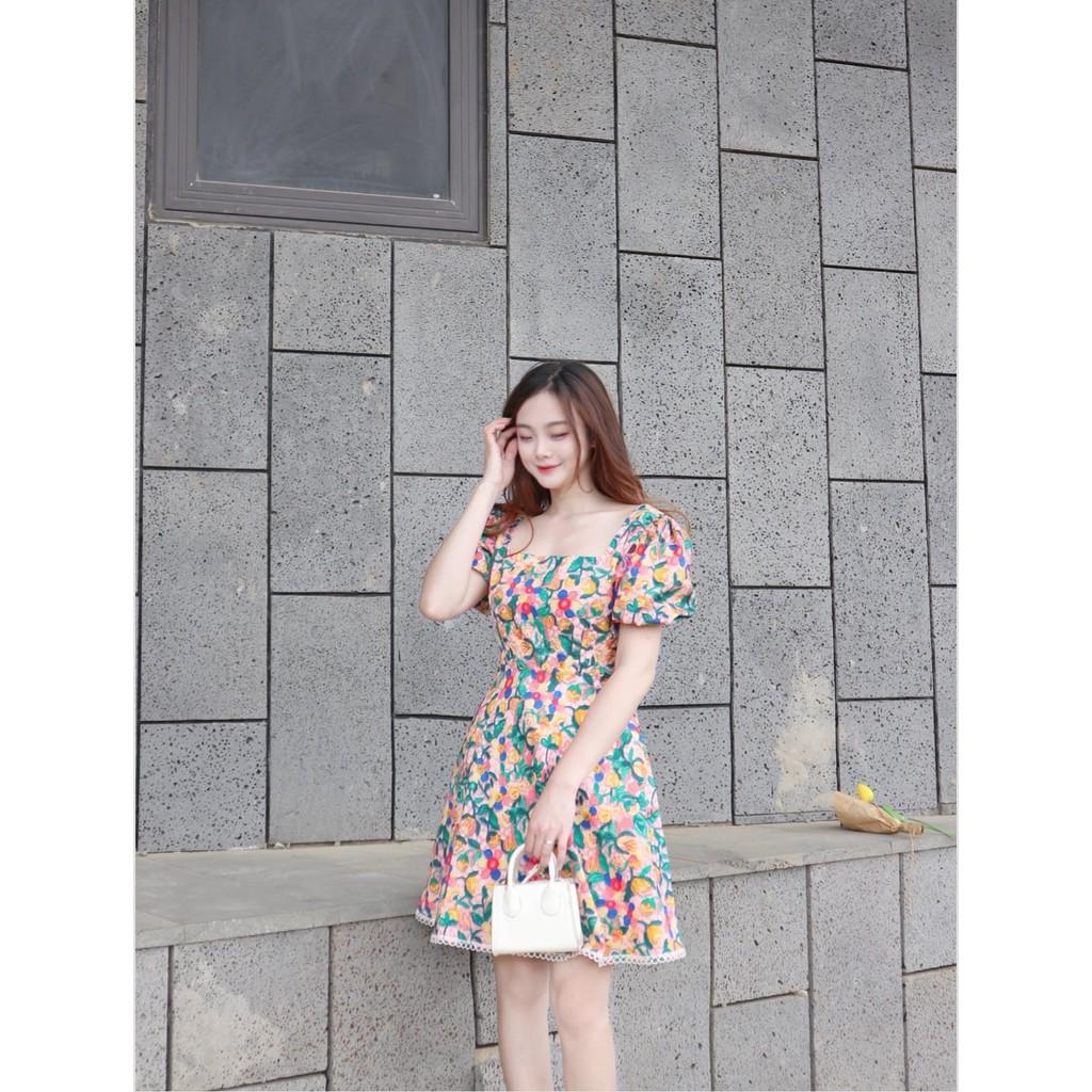 ĐẦM DỰ TIỆC HOA NHÍ LỤA TRƯỢT CỔ VUÔNG TAY LỠ PHỒNG DÁNG XÒE VIỀN REN-hình thật shop chụp