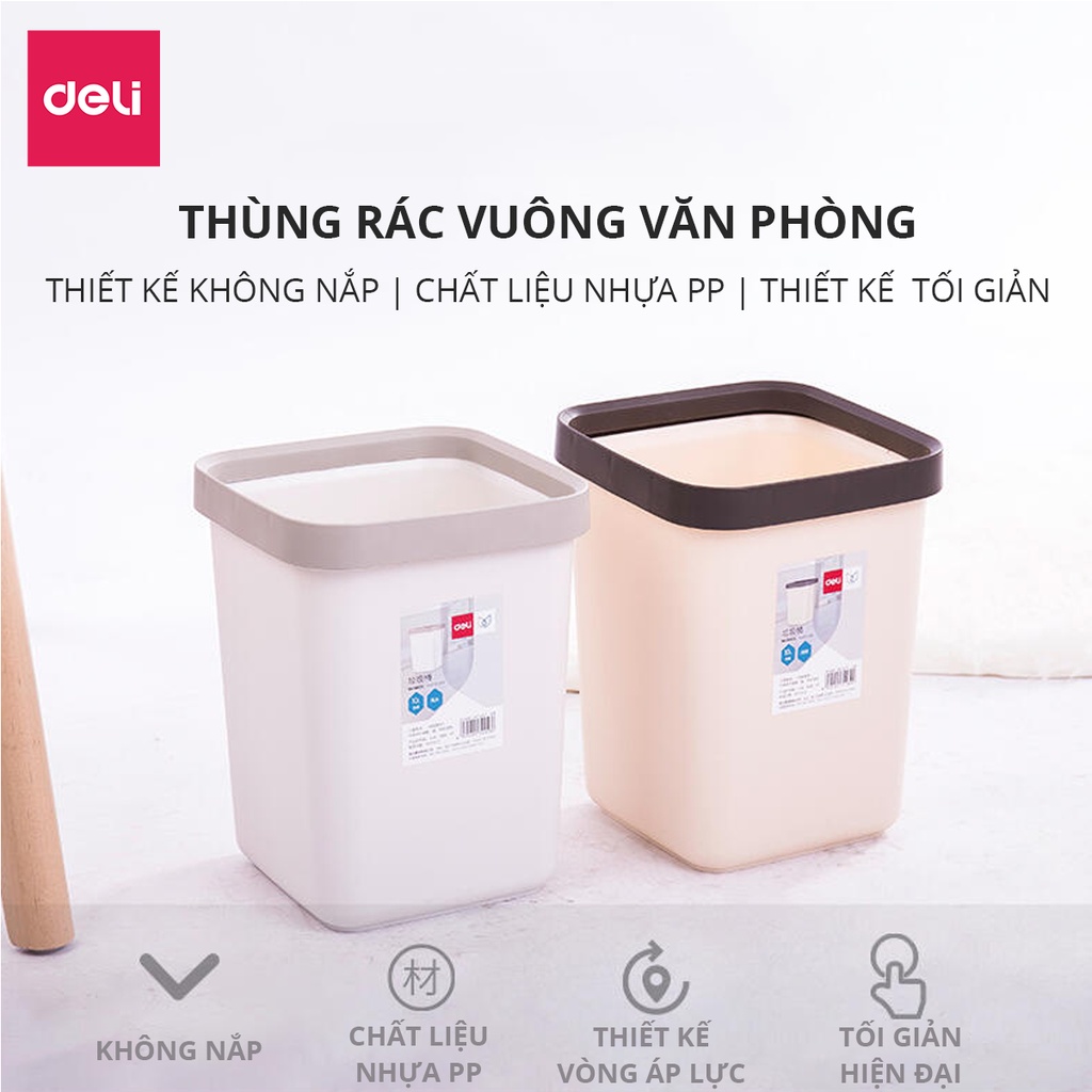 Thùng rác nhựa văn phòng vuông Deli - Dung tích 10l / 12l - Có nẹp giữ túi thông minh, nhựa pp dễ vệ sinh, không bám bẩn - 18820 / 18821