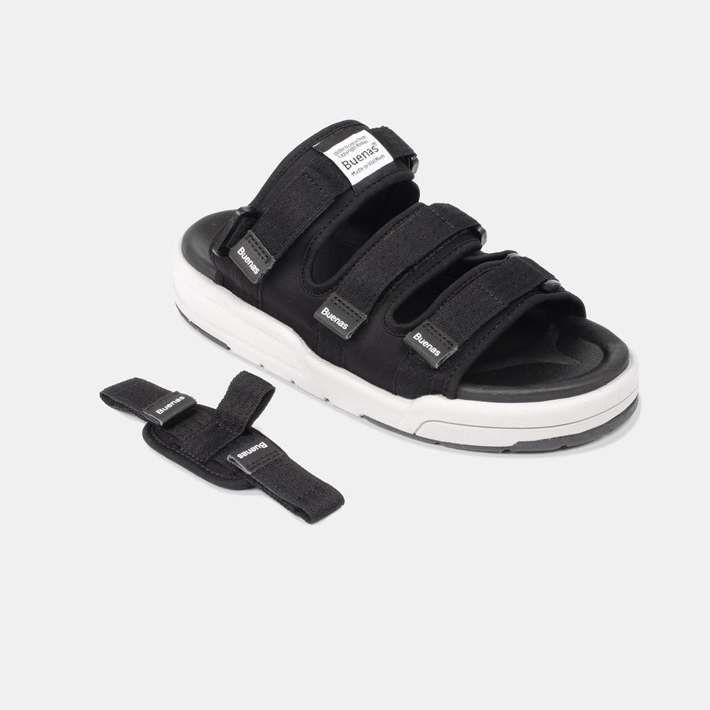 Giày sandal nam nữ unisex đi học quai ngang Buenas Sport 6879 đen ghi đế cao 3 phân