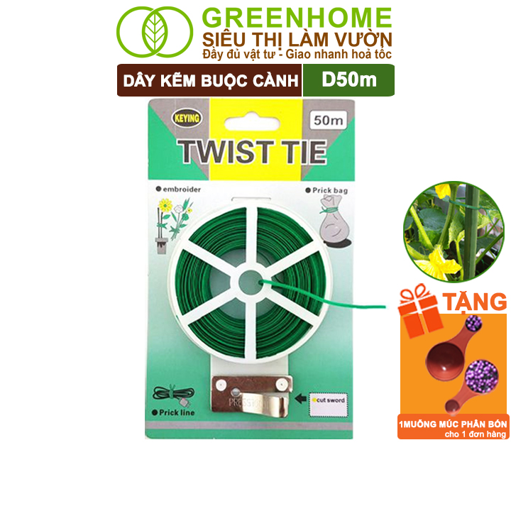 Dây Buộc Cành Greenhome, Dài 50M, Kẽm Bọc Nhựa, Tích Hợp Đầu Cắt Tiện Lợi, Cố Định Thân Cây, Làm Giàn Leo - 1 Cuộn Dây Buộc 50M