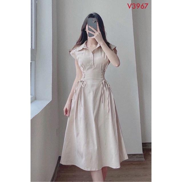 Dầm váy nữ cổ kiểu sơ mi eo rút dây from xòe dáng dài thời trang nữ cho nàng công sở, hoặc dạo phố