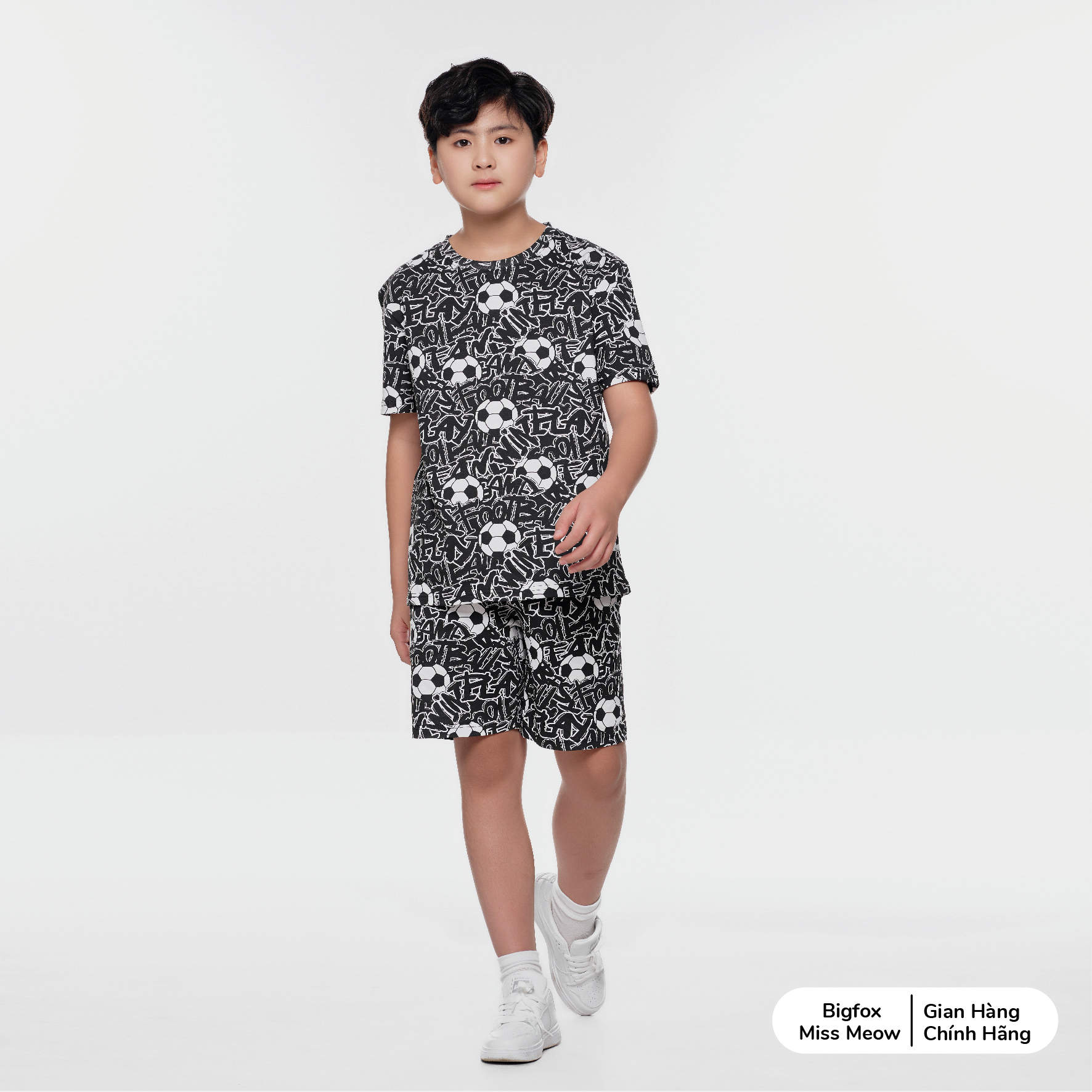 Bộ cộc tay bé trai size đại Bigfox Miss Meow chất cotton in bóng đá cỡ 12,13,14,15 tuổi 40kg 50kg