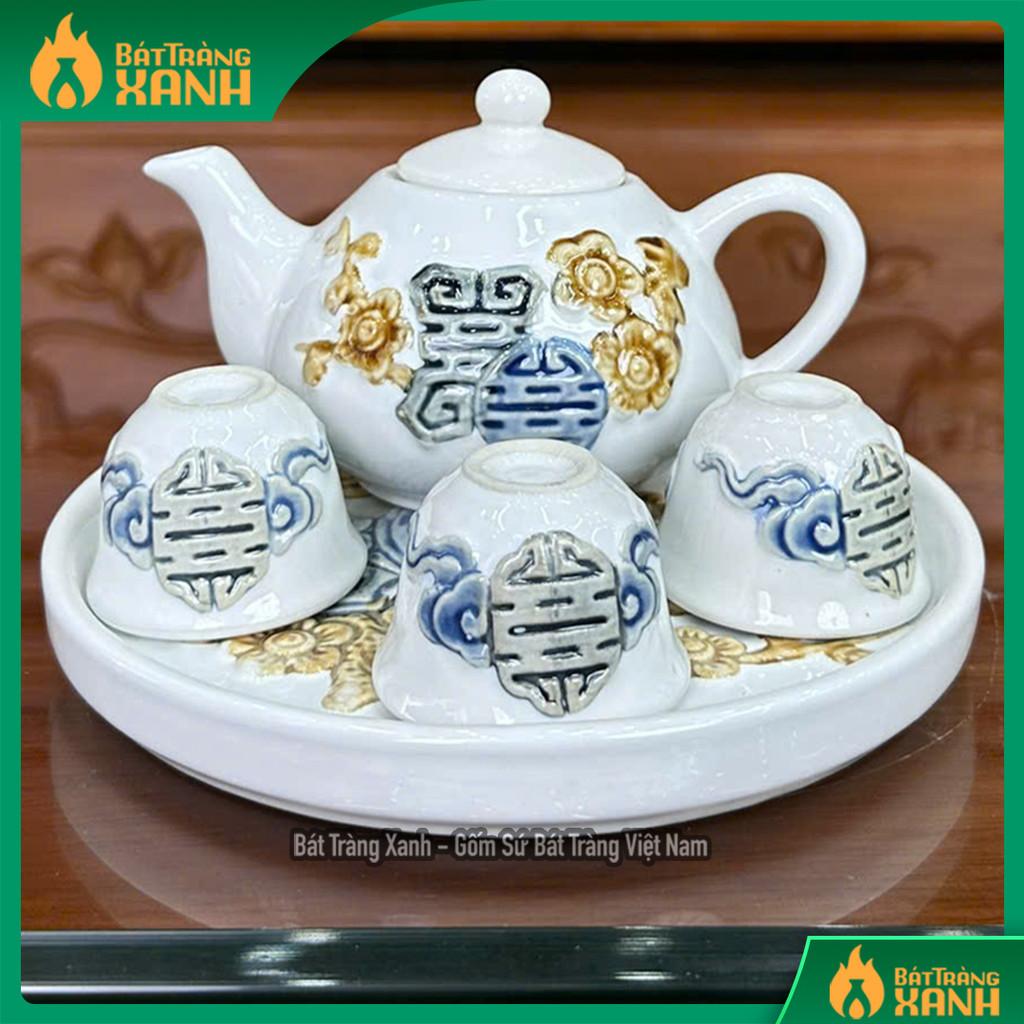 Bộ Ấm Chén Thờ RỒNG VIỆT Men Trắng Cao Cấp - Gốm Bát Tràng Họa Tiết Đào Thọ Đắp Nổi