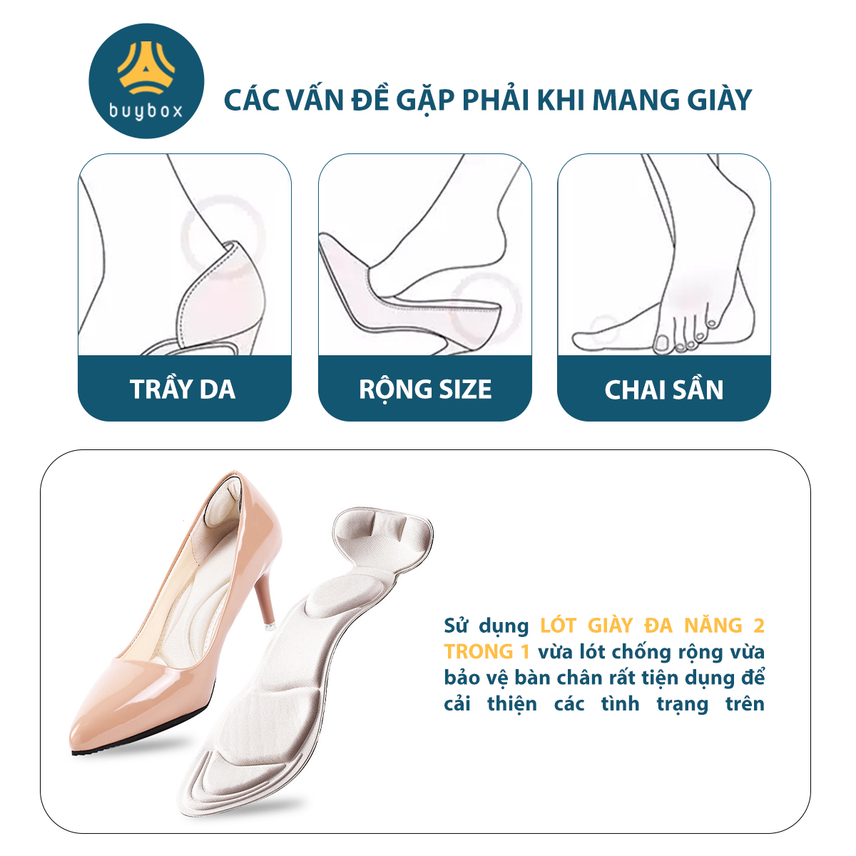 Hình ảnh 2 cặp miếng lót giày cao gót mũi tròn cho giày bị rộng, giúp giảm size cao cấp - buybox - BBPK11