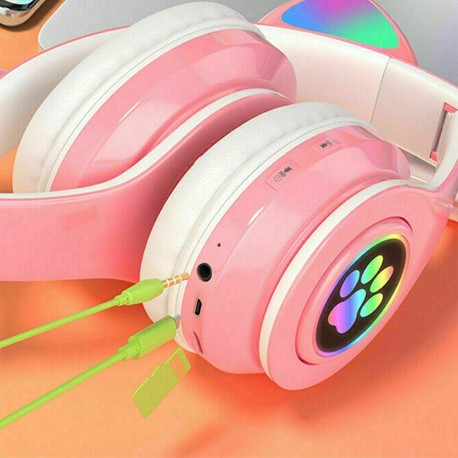 Girl Wireless Gaming Headset, Cute Cat Ear Headset with LED Lights, Noise Cancelling Stereo Gaming Headphones, Fashion Bluetooth 5.0 Headset for Kids