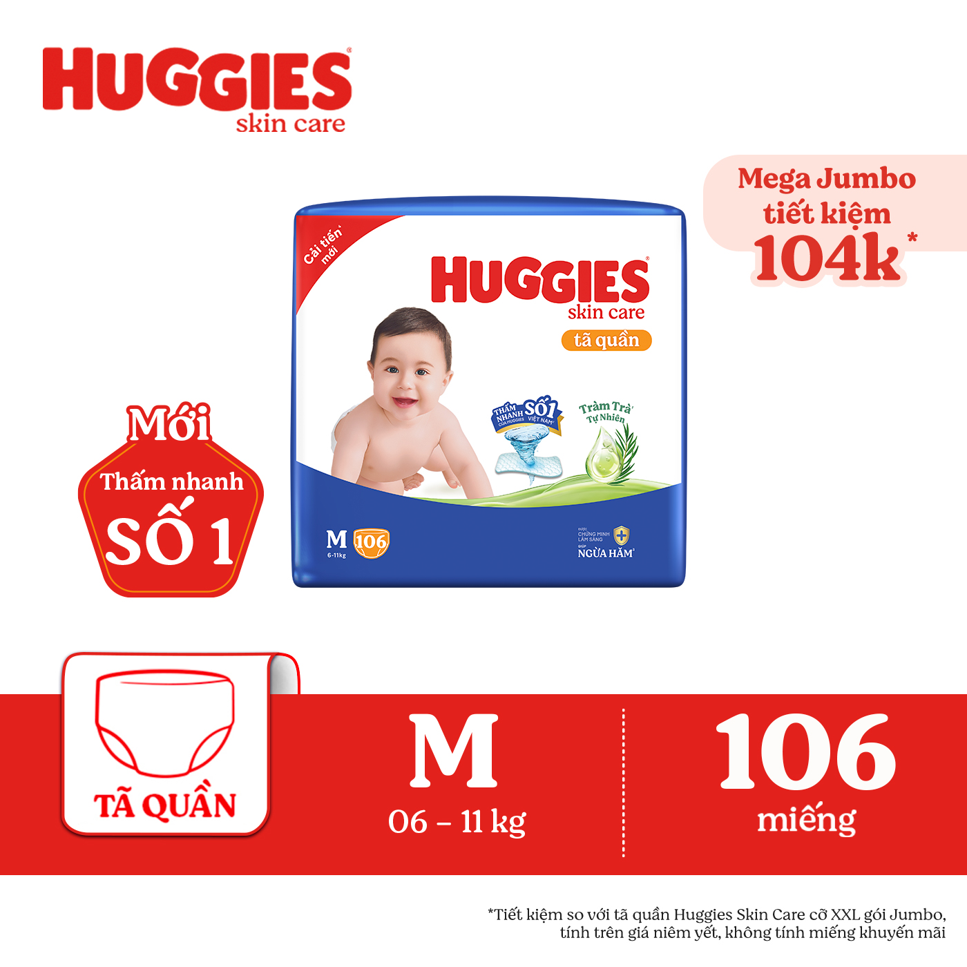 Tã/bỉm quần Huggies Skin Care Mega Jumbo M106 miếng với tràm trà dịu da