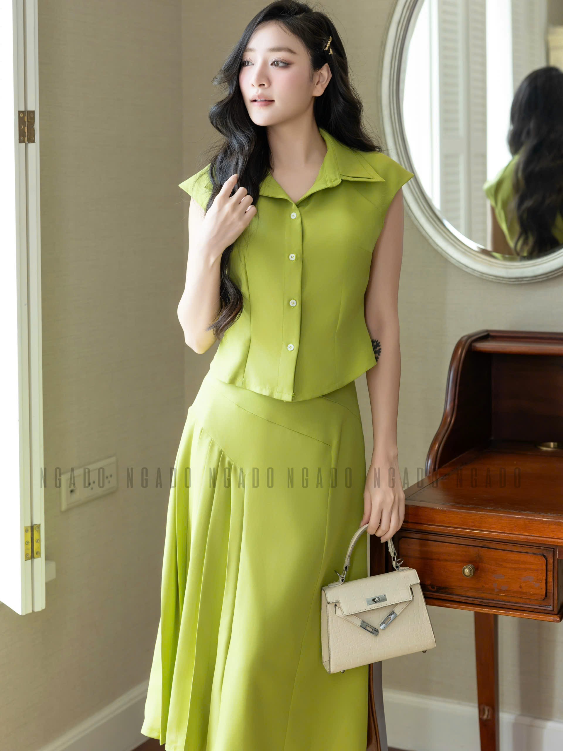 Set áo váy xanh bơ tay con NGADO , set áo váy dài , set kiểu Nữ