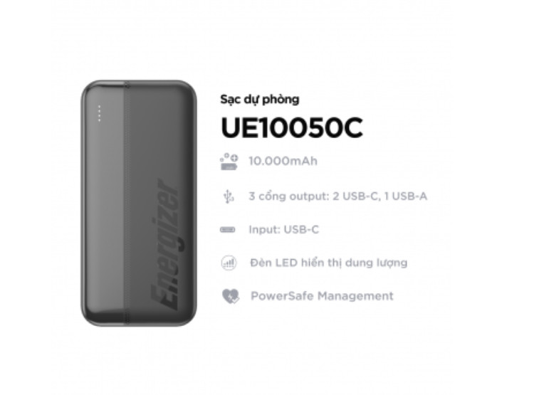 Pin sạc dự phòng cao cấp Energizer UE10050CCBK 10000mAh - Sạc Nhanh PD - BH 12 tháng