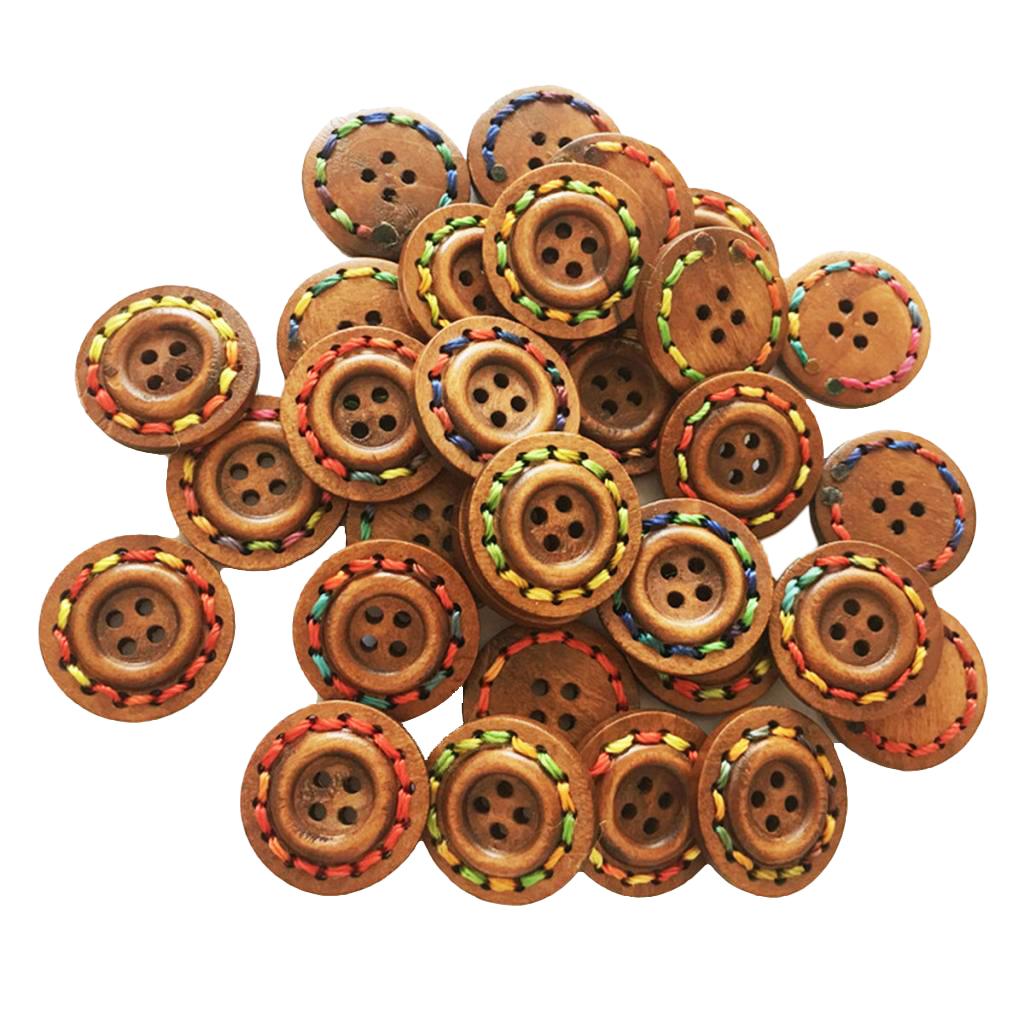 30 Chiếc Vintage Tròn Bằng Gỗ May Hàng Nút Gài 4 Lỗ Quần Áo Phụ Kiện 25 Mm
